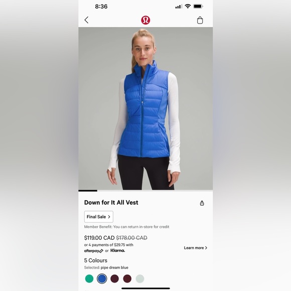 Brand New Lululemon Down For It All Vest Size 8 - Picture 3 of 4